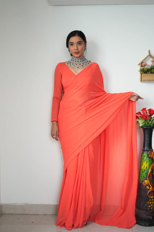 1 MIN READY TO WEAR ORANGE COLOUR  SAREE IN PURE SOFT GEORGETTE SILK WITH BLOUSE