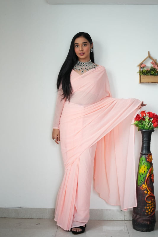 1 MIN READY TO WEAR LIGHT PINK COLOUR  SAREE IN PURE SOFT GEORGETTE SILK WITH BLOUSE