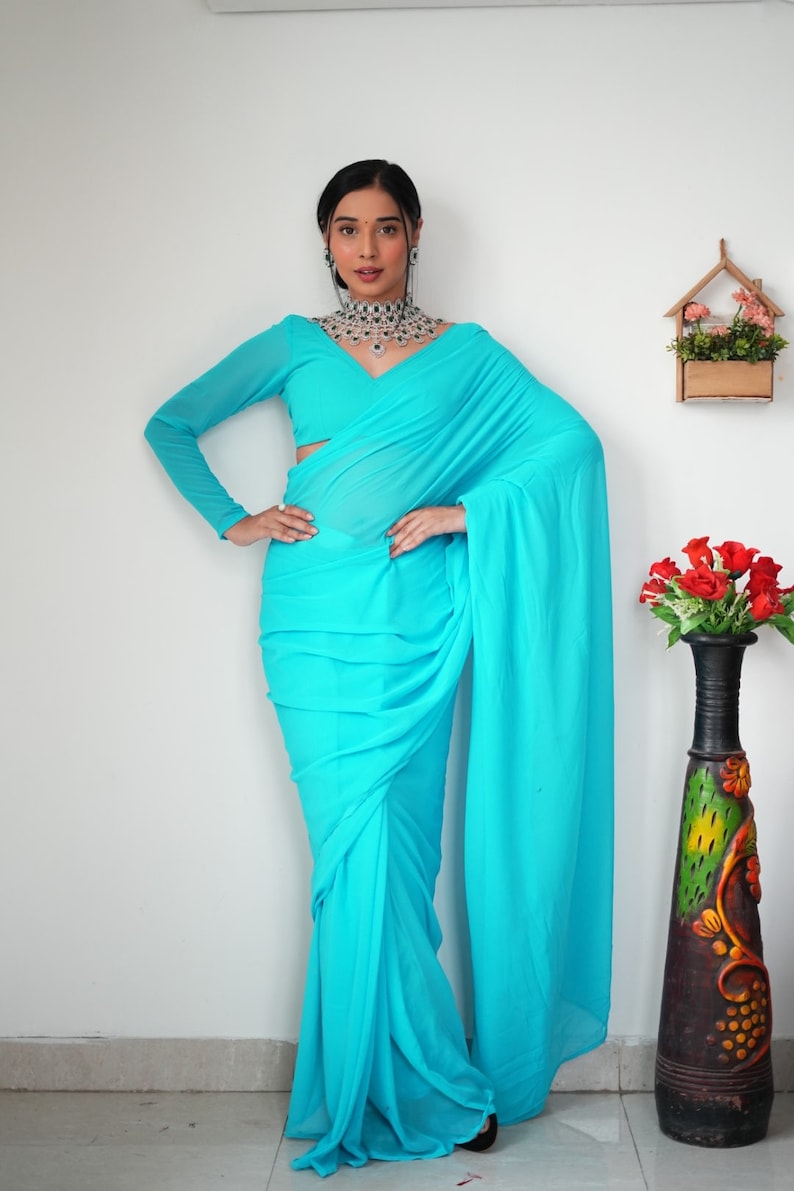1 MIN READY TO WEAR FIROZI COLOUR  SAREE IN PURE SOFT GEORGETTE SILK WITH BLOUSE