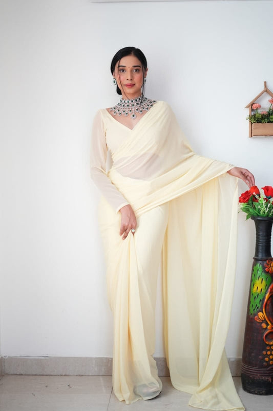 1 MIN READY TO WEAR OFF WHITE COLOUR  SAREE IN PURE SOFT GEORGETTE SILK WITH BLOUSE