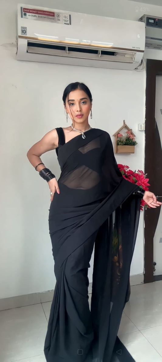 1 MIN READY TO WEAR BLACK COLOUR  SAREE IN PURE SOFT GEORGETTE SILK WITH BLOUSE