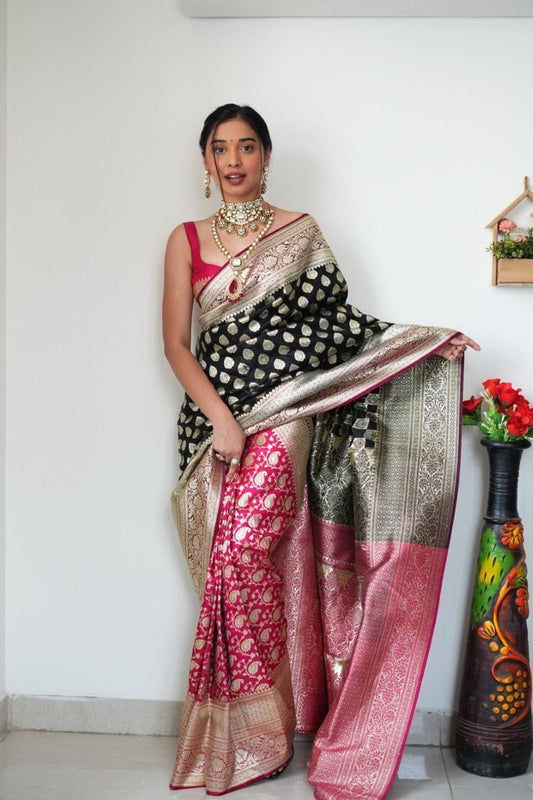 1-MINUTE READY TO WEAR BLACK SOFT SILK SAREE WITH BLOUSE