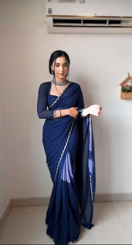 1 MIN READY TO WEAR NEVY BLUE GEORGETTE WITH STITCHED BLOUSE