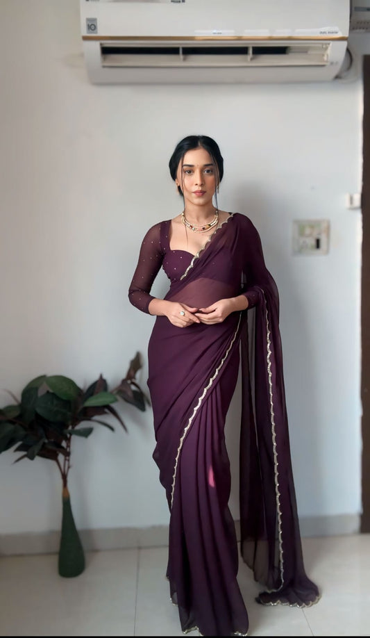 1 MIN READY TO WEAR WINE GEORGETTE WITH STITCHED BLOUSE