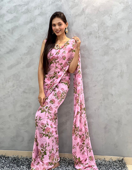1 Min Ready To Wear Saree In Imported Pink Butti Chiffon With Heavy Blouse