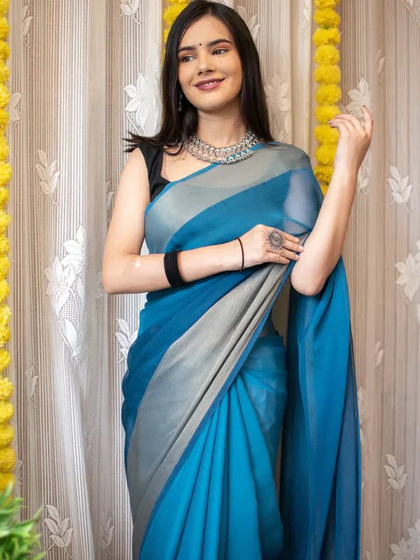 1-MIN READY TO WEAR SAREE IN PREMIUM CHIFFON SILK WITH ZARI PATTA