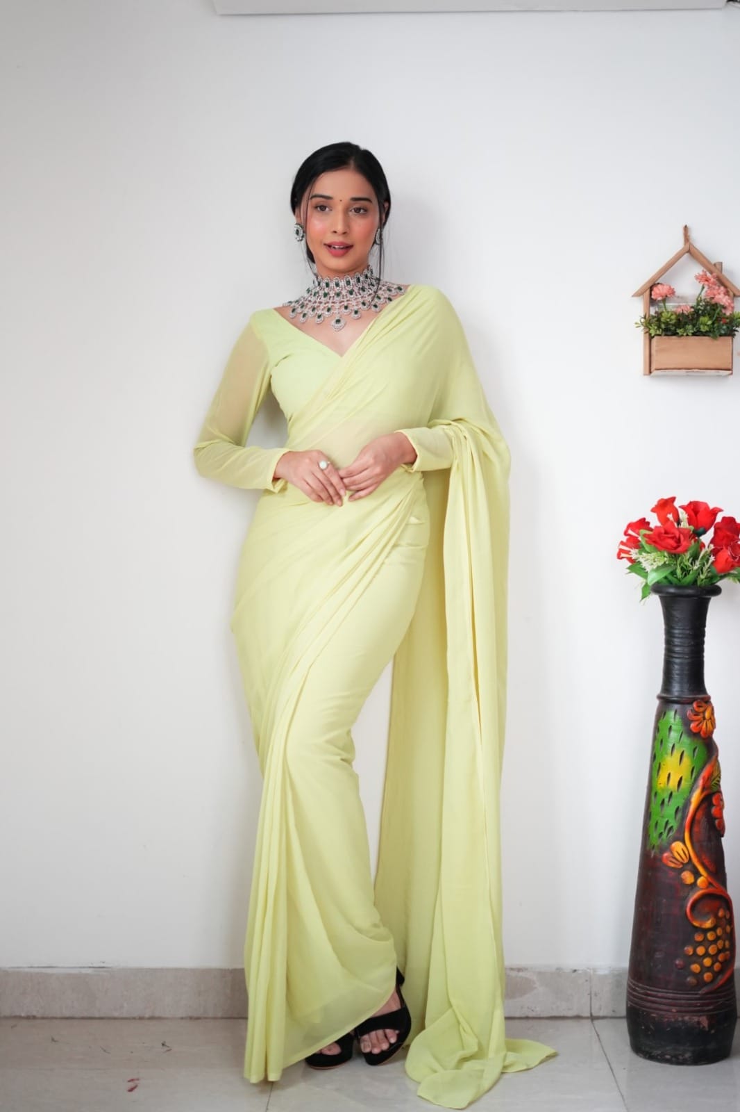 1 MIN READY TO WEAR OFF WHITE COLOUR  SAREE IN PURE SOFT GEORGETTE SILK WITH BLOUSE