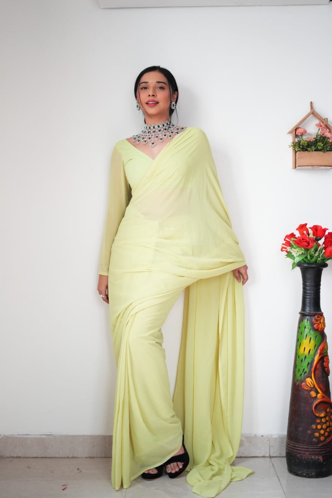 1 MIN READY TO WEAR LEMON COLOUR  SAREE IN PURE SOFT GEORGETTE SILK WITH BLOUSE