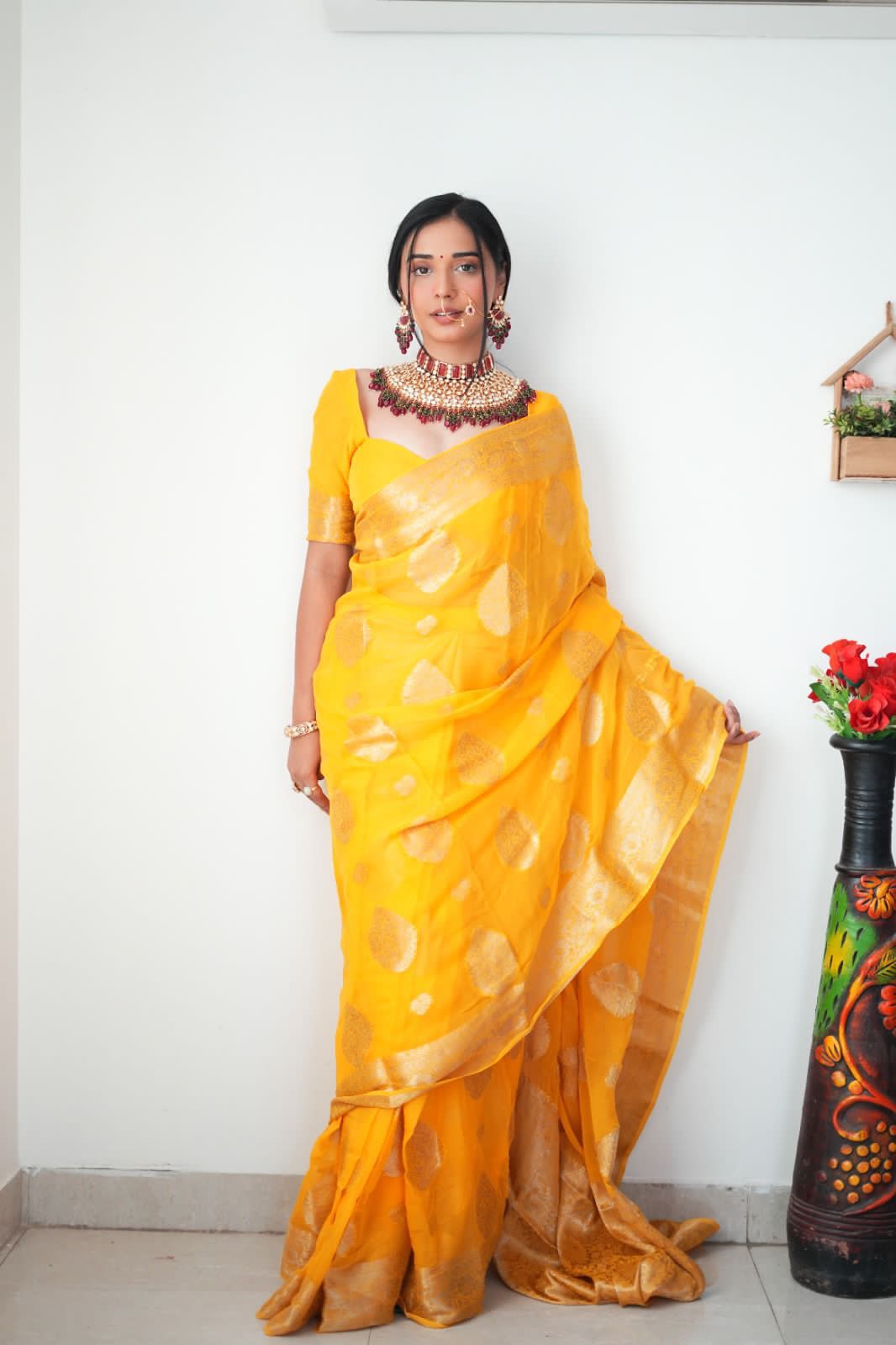 1-MIN READY TO WEAR BANARASI SILK SAREE WITH BLOUSE