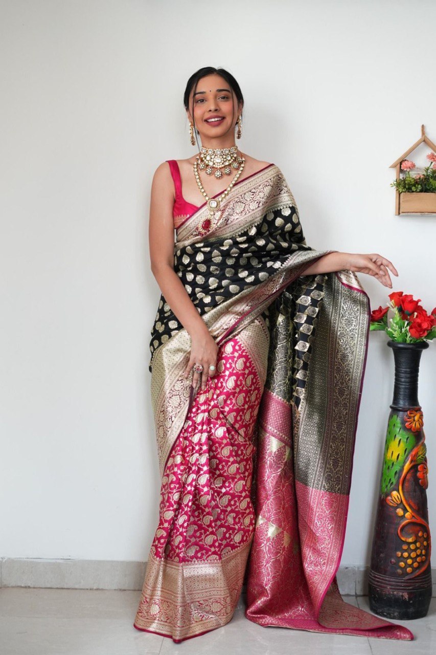 1-MINUTE READY TO WEAR BLACK SOFT SILK SAREE WITH BLOUSE