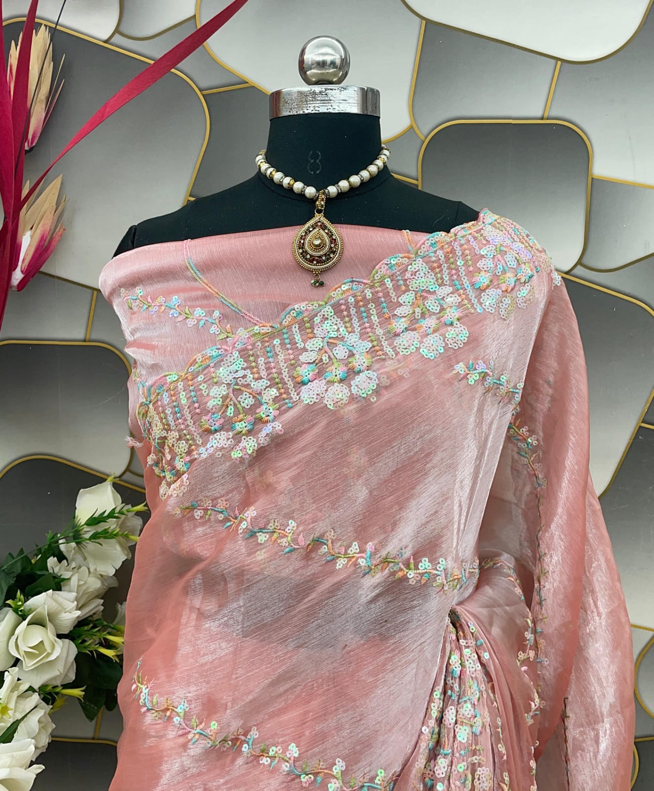 JIMICHOO SILK WITH BEAUTIFUL EMBROIDERY SEQUENCE DESIGN WITH BLOUSE