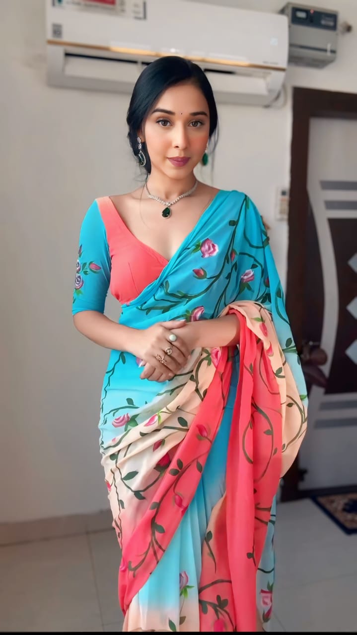 1 MIN READY TO WEAR  SAREE IN PURE SOFT GEORGETTE WITH  BLOUSE