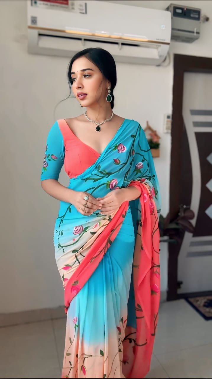 1 MIN READY TO WEAR  SAREE IN PURE SOFT GEORGETTE WITH  BLOUSE