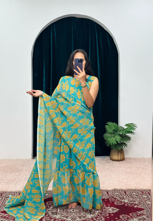 1-MIN READY TO WEAR RUFFLE  GEORGETTE GOWN SAREE AQUA GREEN