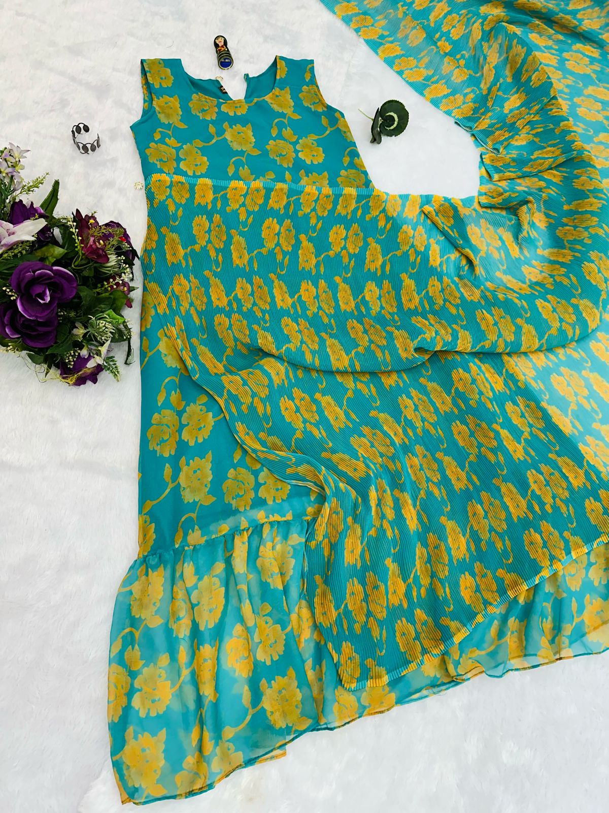 1-MIN READY TO WEAR RUFFLE  GEORGETTE GOWN SAREE AQUA GREEN