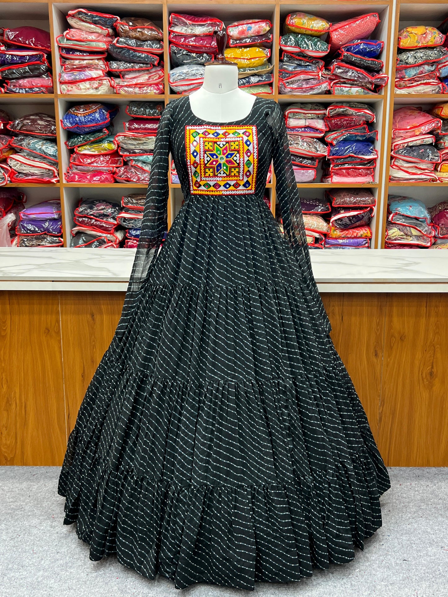 BLACK COLOR GEORGETTE LAHERIYA PRINT NAVRATRI GOWN