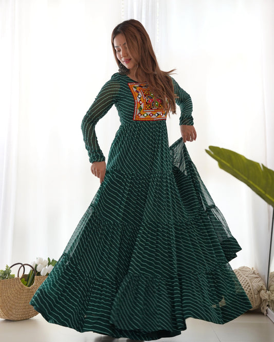 GREEN COLOR GEORGETTE LAHERIYA PRINT NAVRATRI GOWN