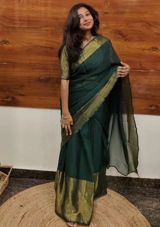 READY TO WEAR GOWN SAREE GREEN AND GOLDEN BORDER